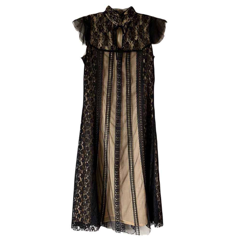 Free People Lace Dress, Beige w/ Black Lace Overlay, Sz. M, Lace Cap Sleeve